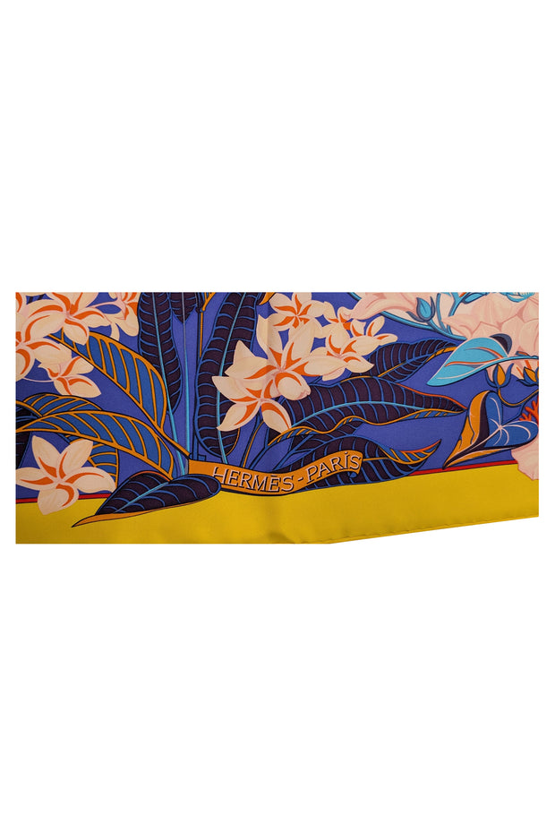 Hermes - Yellow, Blue, & Multicolor Floral "Flamingo Party" Silk Scarf - Current Boutique