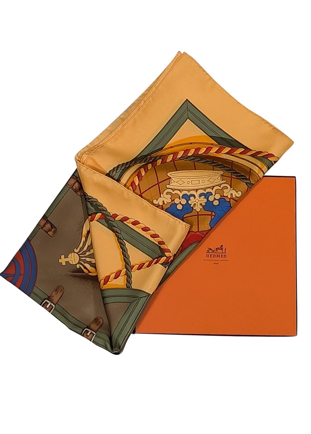 Hermes - Gold, Olive, & Brown Buckle Print Silk Scarf - Current Boutique