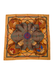 Hermes - Gold, Olive, & Brown Buckle Print Silk Scarf - Current Boutique