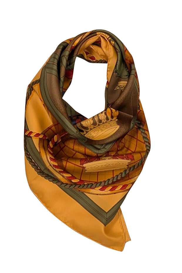 Hermes - Gold, Olive, & Brown Buckle Print Silk Scarf - Current Boutique