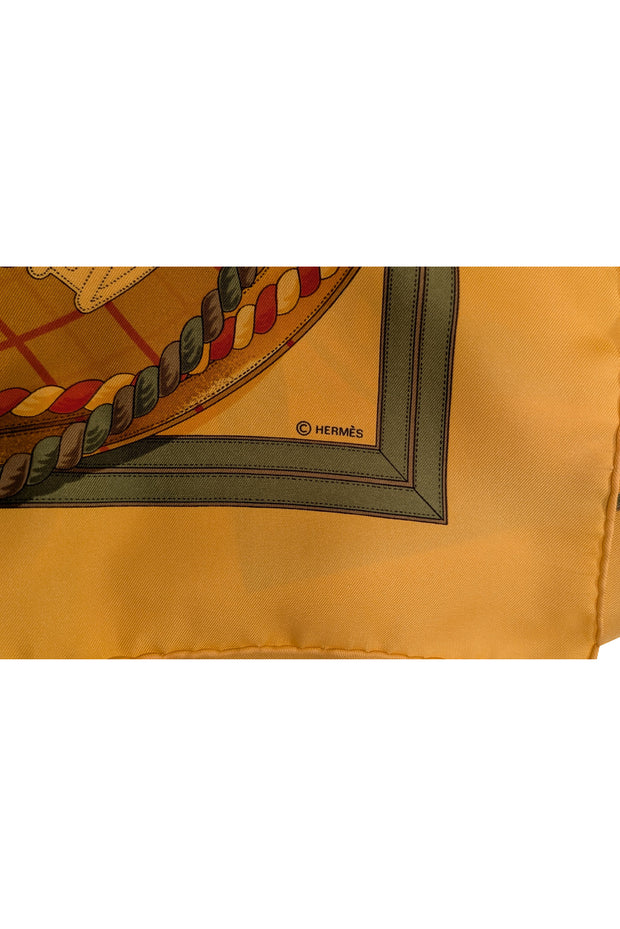 Hermes - Gold, Olive, & Brown Buckle Print Silk Scarf - Current Boutique