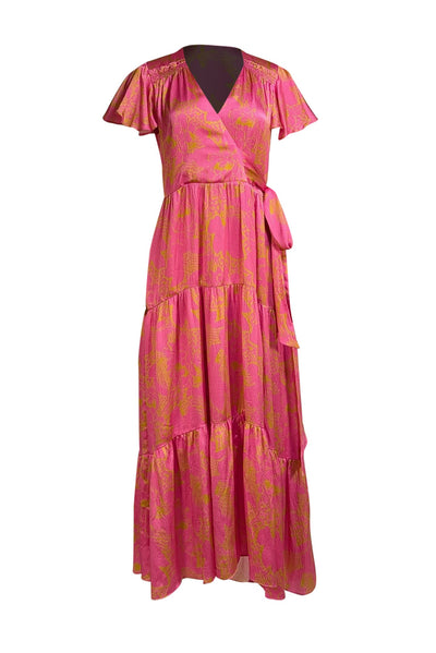 Tanya Taylor - Pink & Gold Print Faux Wrap Maxi Dress Sz 6 - Current Boutique