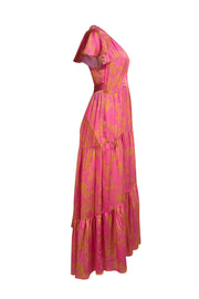 Tanya Taylor - Pink & Gold Print Faux Wrap Maxi Dress Sz 6 - Current Boutique
