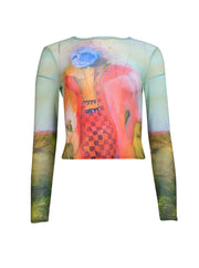 Alice & Olivia - Green & Multi Color Print Semi-Sheer Shirt Sz S - Current Boutique