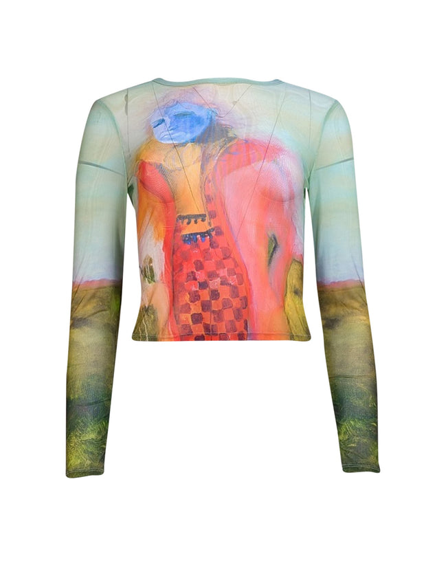Alice & Olivia - Green & Multi Color Print Semi-Sheer Shirt Sz S - Current Boutique