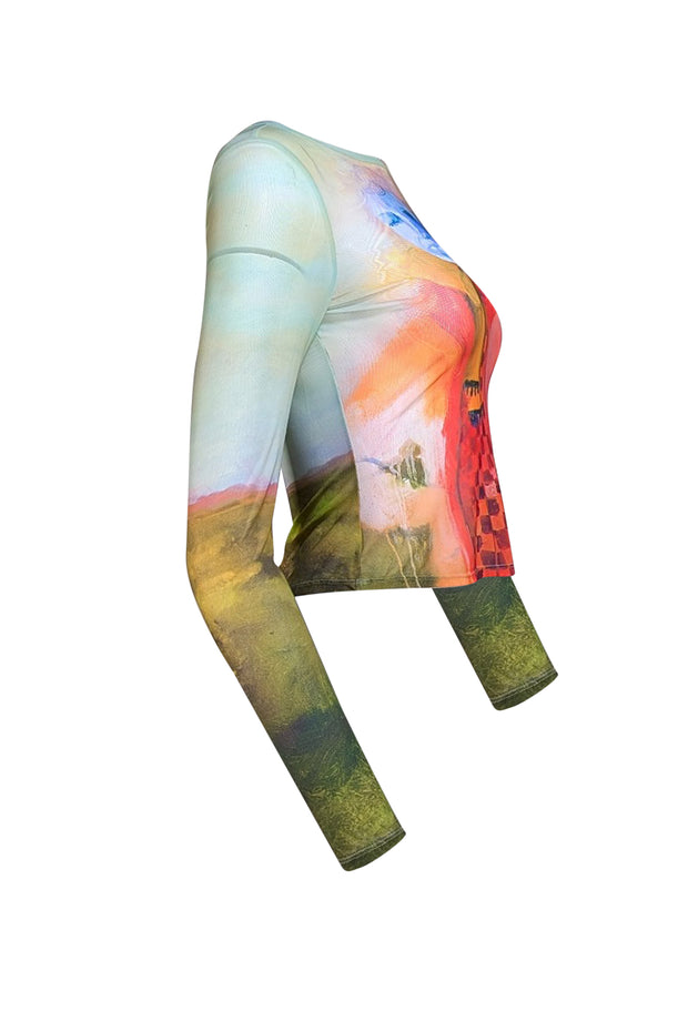 Alice & Olivia - Green & Multi Color Print Semi-Sheer Shirt Sz S - Current Boutique