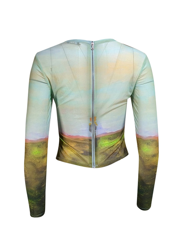 Alice & Olivia - Green & Multi Color Print Semi-Sheer Shirt Sz S - Current Boutique