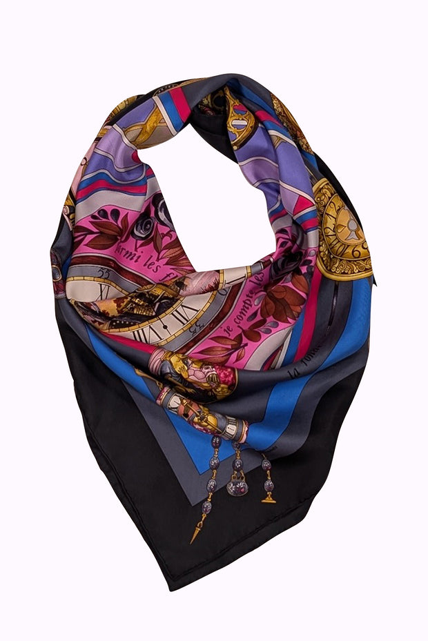 Hermes - Black, Pink, Blue, & Gold Clock Print Silk Scarf - Current Boutique