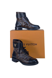 Louis Vuitton - Brown Monogram & Black Leather Citizen Flat Combat Boot Sz 11 - Current Boutique