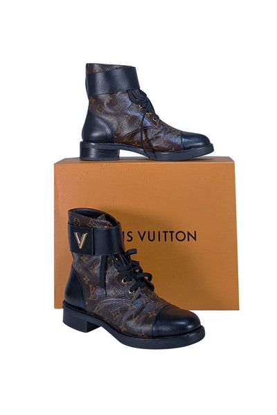 Louis Vuitton - Brown Monogram & Black Leather Citizen Flat Combat Boot Sz 11 - Current Boutique