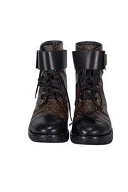 Louis Vuitton - Brown Monogram & Black Leather Citizen Flat Combat Boot Sz 11 - Current Boutique