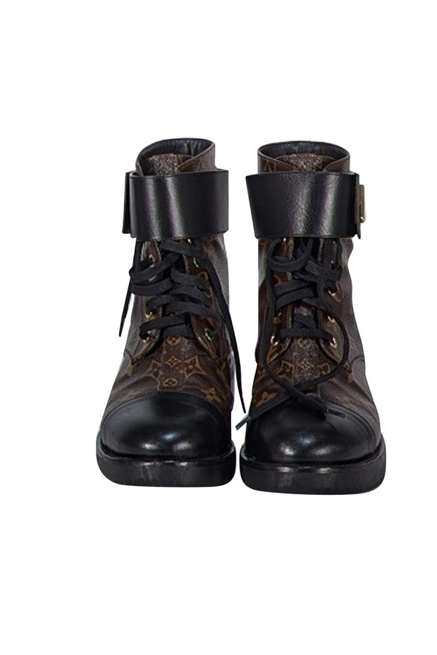 Louis Vuitton - Brown Monogram & Black Leather Citizen Flat Combat Boot Sz 11 - Current Boutique