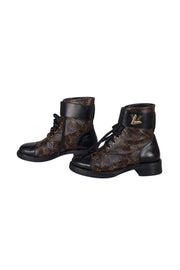 Louis Vuitton - Brown Monogram & Black Leather Citizen Flat Combat Boot Sz 11 - Current Boutique