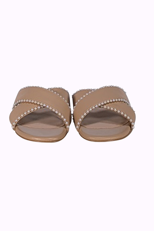 Stuart Weitzman - Beige Leather Pearl Trim Slide Sandals Sz 8.5 - Current Boutique