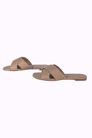 Stuart Weitzman - Beige Leather Pearl Trim Slide Sandals Sz 8.5 - Current Boutique
