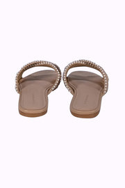 Stuart Weitzman - Beige Leather Pearl Trim Slide Sandals Sz 8.5 - Current Boutique