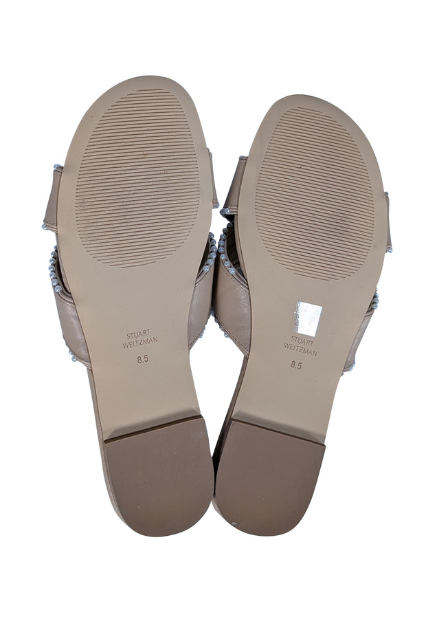 Stuart Weitzman - Beige Leather Pearl Trim Slide Sandals Sz 8.5 - Current Boutique