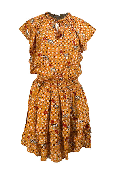 Poupette St. Barth - Orange, Yellow, White, & Black Print Smocked Dress Sz S