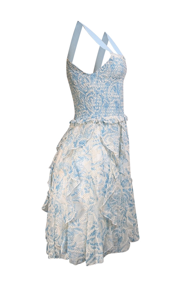 Alice & Olivia - Blue & Ivory Eyelet Smocked Bodice Dress Sz 6
