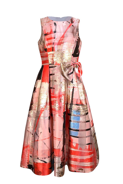Teri Jon - Pink, Coral, Gold, & Blue Print Bow Front Dress Sz 8