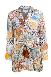 Carolina K - Ivory & Multi Color Floral Tiger Print Waist Sash Blazer Sz S - Current Boutique