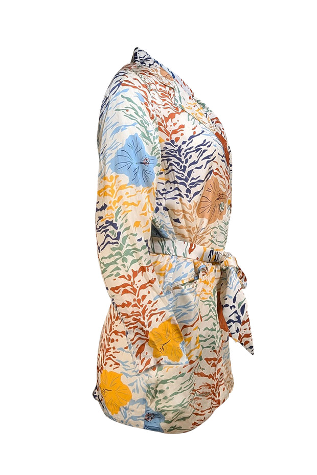 Carolina K - Ivory & Multi Color Floral Tiger Print Waist Sash Blazer Sz S - Current Boutique