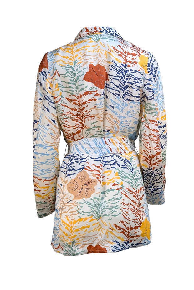 Carolina K - Ivory & Multi Color Floral Tiger Print Waist Sash Blazer Sz S - Current Boutique