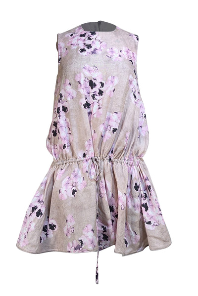 Marni - Beige & Lavender Floral Drawstring Sleeveless Top Sz 2 - Current Boutique