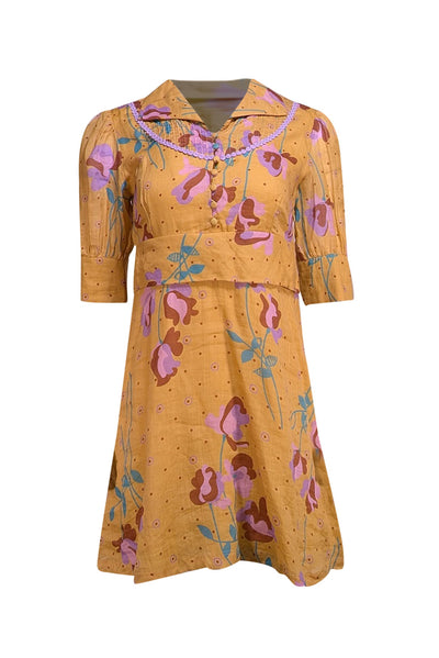 Antik Batik - Deep Yellow Floral "Ossie Pintucked Ramie-Gauze" Dress Sz XS - Current Boutique