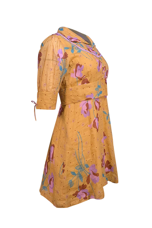 Antik Batik - Deep Yellow Floral "Ossie Pintucked Ramie-Gauze" Dress Sz XS - Current Boutique