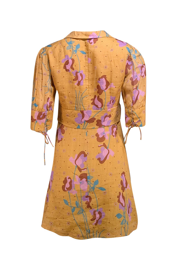 Antik Batik - Deep Yellow Floral "Ossie Pintucked Ramie-Gauze" Dress Sz XS - Current Boutique