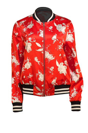 Alice & Olivia - Red & Multi Color Floral Reversible Bomber Jacket Sz L - Current Boutique
