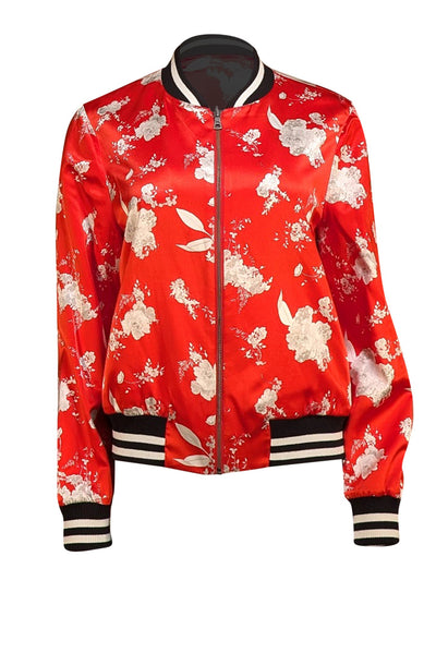 Alice & Olivia - Red & Multi Color Floral Reversible Bomber Jacket Sz L - Current Boutique