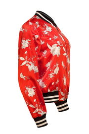 Alice & Olivia - Red & Multi Color Floral Reversible Bomber Jacket Sz L - Current Boutique