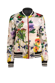 Alice & Olivia - Red & Multi Color Floral Reversible Bomber Jacket Sz L - Current Boutique