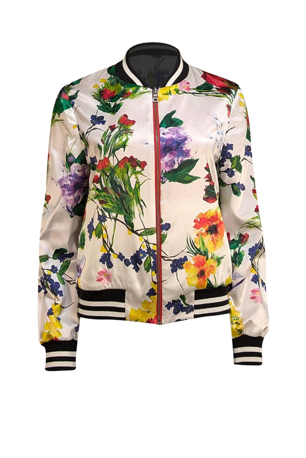 Alice & Olivia - Red & Multi Color Floral Reversible Bomber Jacket Sz L - Current Boutique