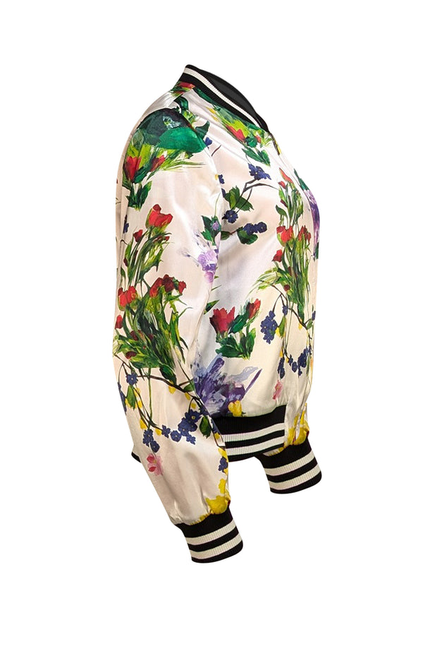 Alice & Olivia - Red & Multi Color Floral Reversible Bomber Jacket Sz L - Current Boutique