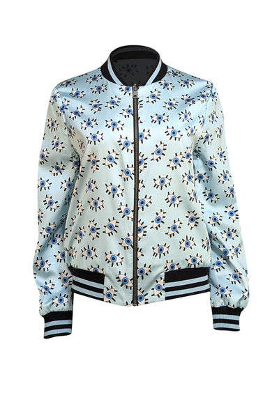 Alice & Olivia - Blue, Green, & Black Eye Print Reversible Bomber Jacket Sz L - Current Boutique