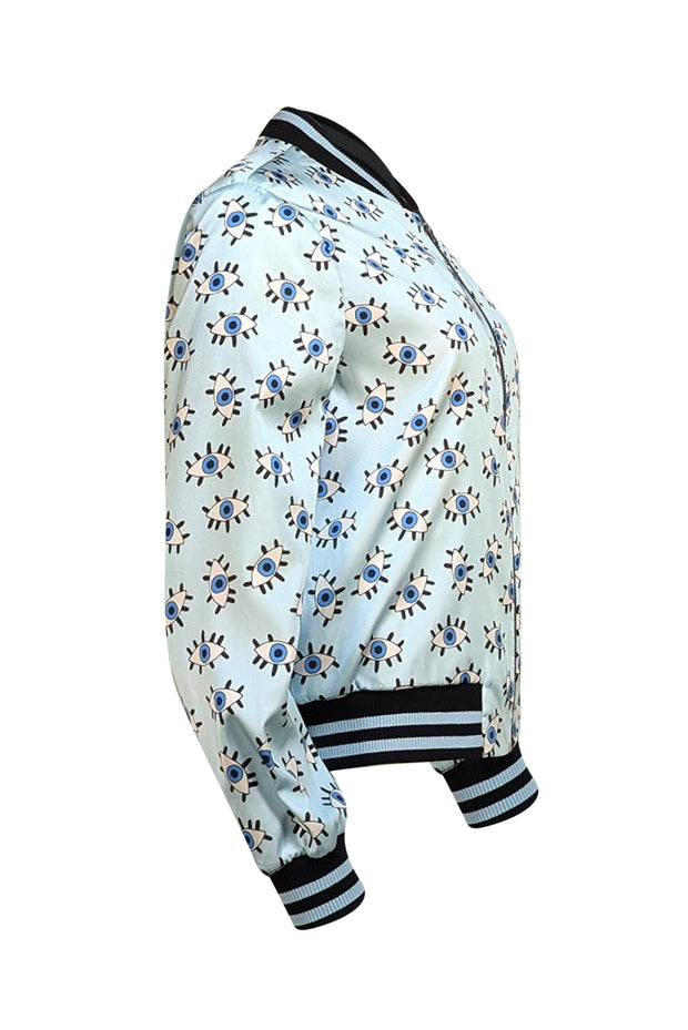Alice & Olivia - Blue, Green, & Black Eye Print Reversible Bomber Jacket Sz L - Current Boutique