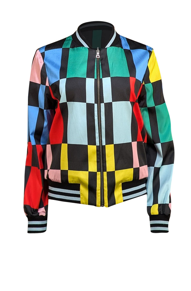 Alice & Olivia - Blue, Green, & Black Eye Print Reversible Bomber Jacket Sz L - Current Boutique