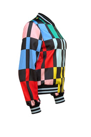 Alice & Olivia - Blue, Green, & Black Eye Print Reversible Bomber Jacket Sz L - Current Boutique