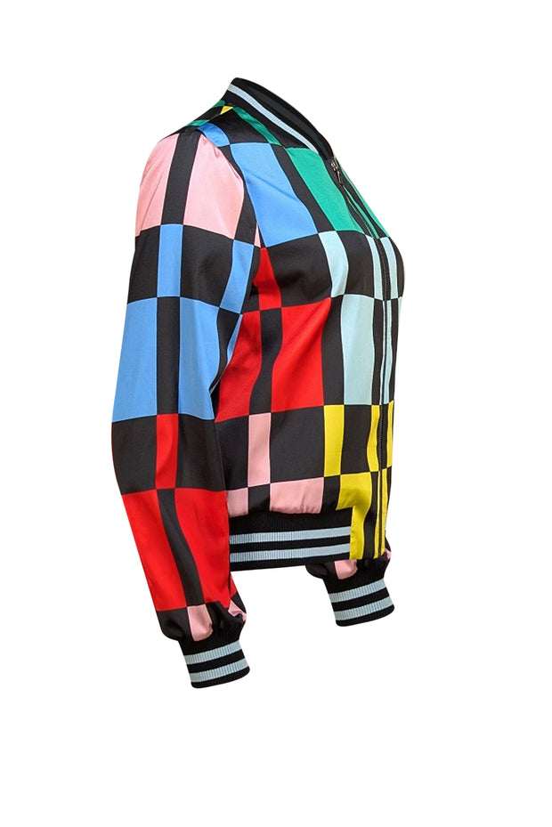 Alice & Olivia - Blue, Green, & Black Eye Print Reversible Bomber Jacket Sz L - Current Boutique