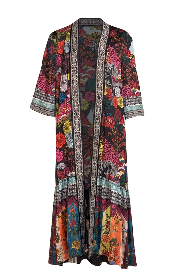 Alice & Olivia - Black & Multi Color Floral Reversible Kimono Top Sz M - Current Boutique