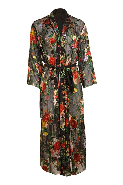 Alice & Olivia - Black & Multi Color Floral Semi Sheer Kimono Top Sz M/L - Current Boutique