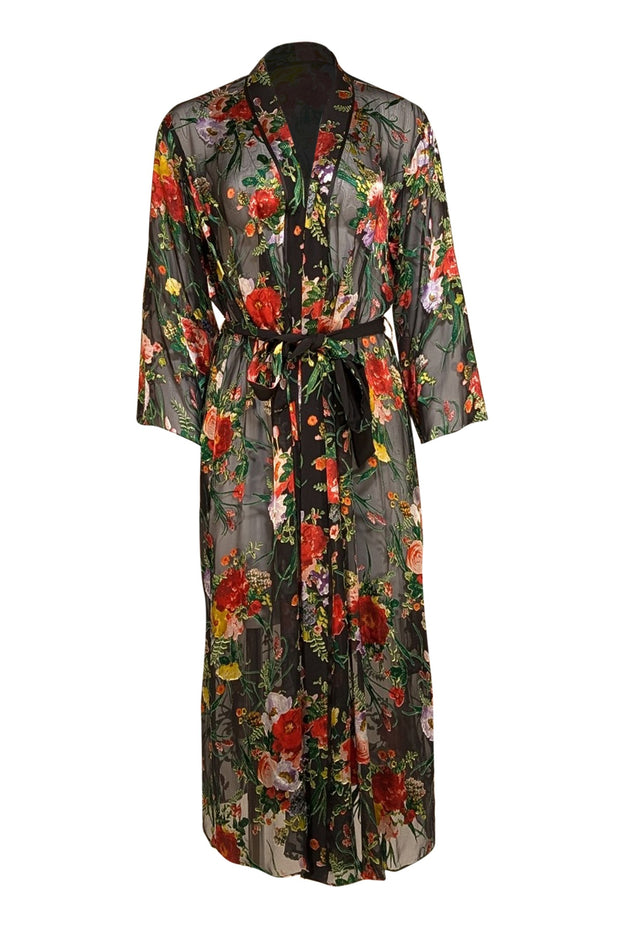 Alice & Olivia - Black & Multi Color Floral Semi Sheer Kimono Top Sz M/L - Current Boutique
