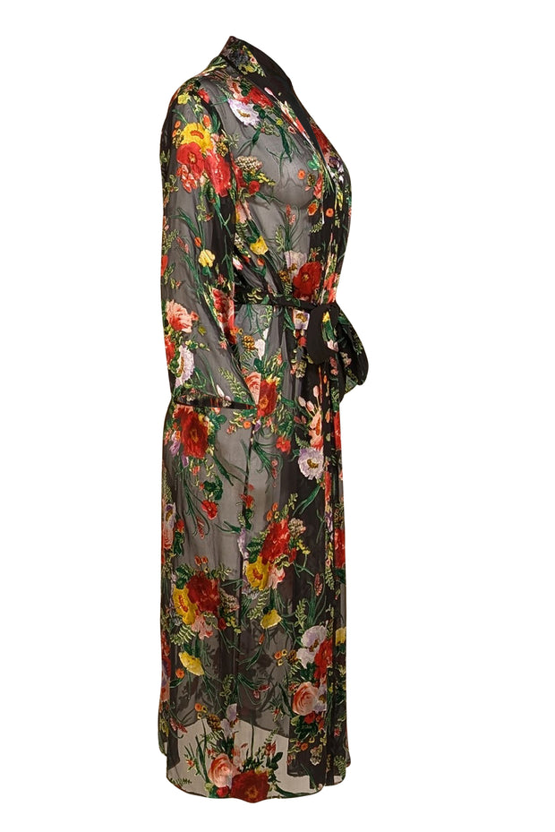 Alice & Olivia - Black & Multi Color Floral Semi Sheer Kimono Top Sz M/L - Current Boutique