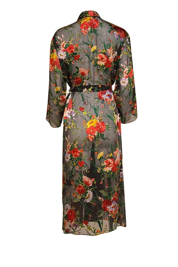 Alice & Olivia - Black & Multi Color Floral Semi Sheer Kimono Top Sz M/L - Current Boutique