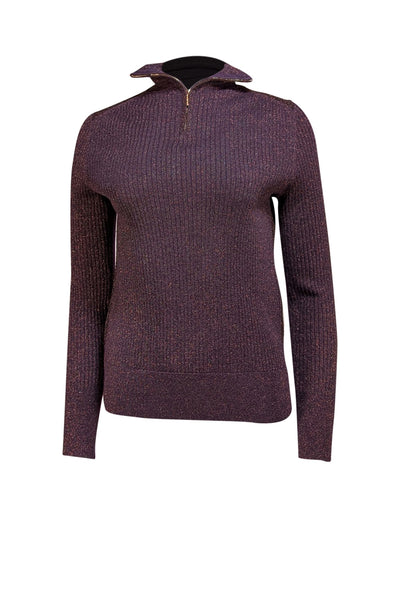 Tory Burch - Brown & Purple Metallic Ribbed Turtleneck Sz M - Current Boutique