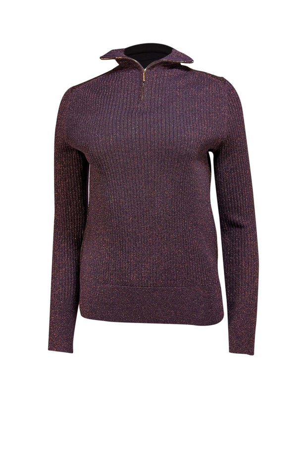 Tory Burch - Brown & Purple Metallic Ribbed Turtleneck Sz M - Current Boutique
