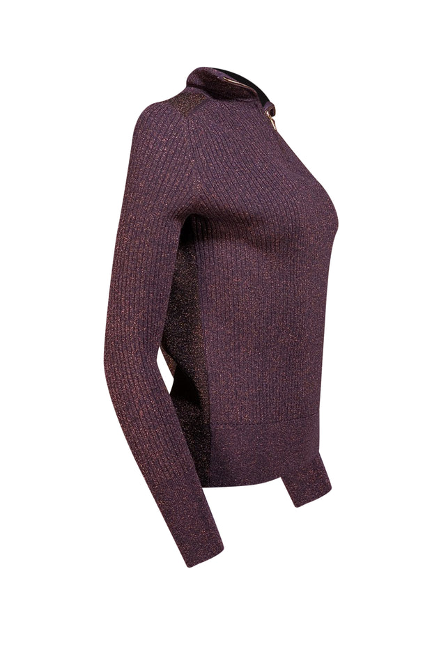 Tory Burch - Brown & Purple Metallic Ribbed Turtleneck Sz M - Current Boutique
